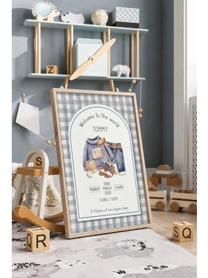 Kişiye Özel Doğum Bilgili Vintage Erkek Bebek Çerçeveli Mdf Tablo Poster Bebek Odası Duvar Dekoru