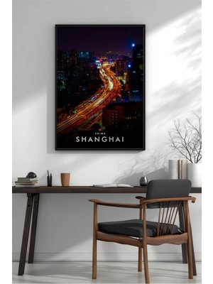 Şangay Gece Şehir Manzarası Çerçeveli Mdf Tablo Poster Salon Duvar Dekoru Hediye