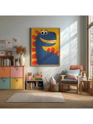 Renkli Sevimli Dinozor Çerçeveli Mdf Tablo Poster Bebek Odası Duvar Dekoru Hediye