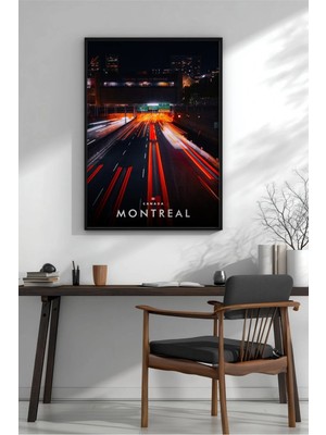 Montreal Gece Otoyol Işık Hüzmeleri Çerçeveli Mdf Tablo Poster Salon Duvar Dekoru Hediye