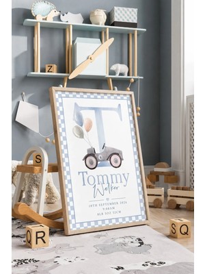 Kişiye Özel Doğum Bilgili Vintage Araba Çerçeveli Mdf Tablo Poster Bebek Odası Duvar Dekoru Hediye