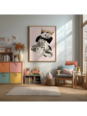 Uyuyan Panda Çerçeveli Mdf Tablo Poster Bebek Odası Duvar Dekoru Hediye