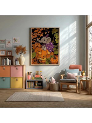 Cadılar Bayramı Sevimli Bebek Fil Çerçeveli Mdf Tablo Poster Çocuk Odası Duvar Dekoru Hediye