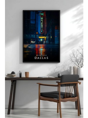 Majestic Tiyatrosu Dallas Gece Çerçeveli Mdf Tablo Poster Salon Duvar Dekoru Hediye
