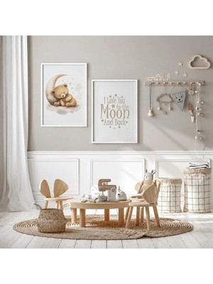 Ayıcık I Love You To The Moon And Back 2'li Set Çerçeveli Mdf Tablo Poster Bebek Odası Duvar Dekoru