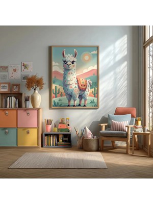 Çöl Manzaralı Sevimli Lama Çerçeveli Mdf Tablo Poster Çocuk Odası Duvar Dekoru Hediye