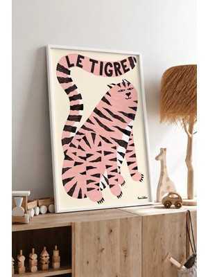 Beyaz Kaplan Le Tigre Çerçeveli Mdf Tablo Poster Çocuk Odası Duvar Dekoru Hediye
