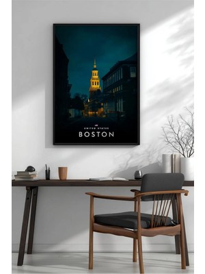 Boston Gece Şehir Manzarası Çerçeveli Mdf Tablo Poster Salon Duvar Dekoru Hediye