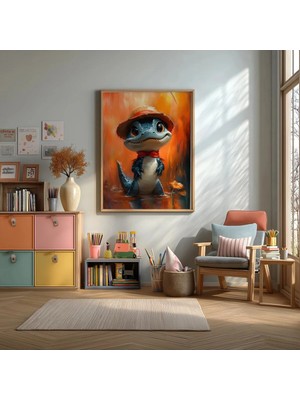 Şapkalı Sevimli Timsah Çerçeveli Mdf Tablo Poster Çocuk Odası Duvar Dekoru Hediye