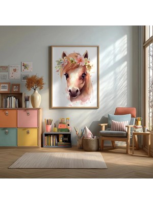 Çiçekli Bebek At Çerçeveli Mdf Tablo Poster Bebek Odası Duvar Dekoru Hediye
