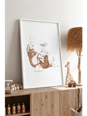 Geyik ve Tavşanlar Çerçeveli Mdf Tablo Poster Çocuk Odası Duvar Dekoru Hediye