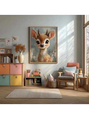 Sevimli Yavru Geyik Çerçeveli Mdf Tablo Poster Çocuk Odası Duvar Dekoru Hediye