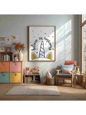 Büyülü Unicorn Çerçeveli Mdf Tablo Poster Çocuk Odası Duvar Dekoru Hediye