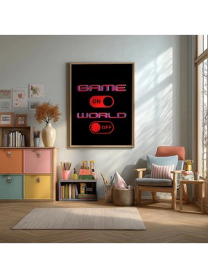 Game On World Off Oyuncu Çerçeveli Mdf Tablo Poster Oyun Odası Duvar Dekoru Hediye