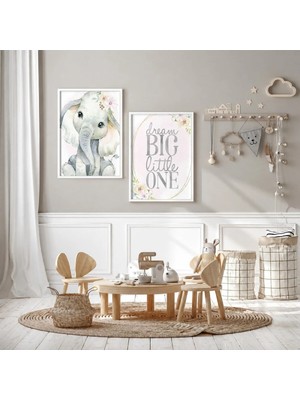Yavru Fil Dream Big Little One 2'li Set Çerçeveli Mdf Tablo Poster Bebek Odası Duvar Dekoru Hediye