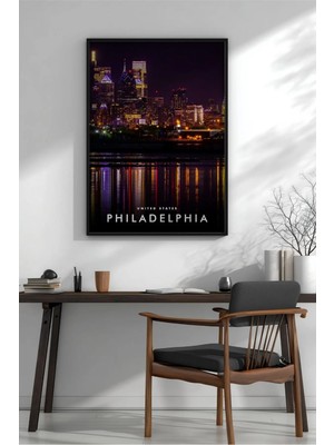 Philadelphia Silüeti Şehir Manzarası Çerçeveli Mdf Tablo Poster Salon Duvar Dekoru Hediye