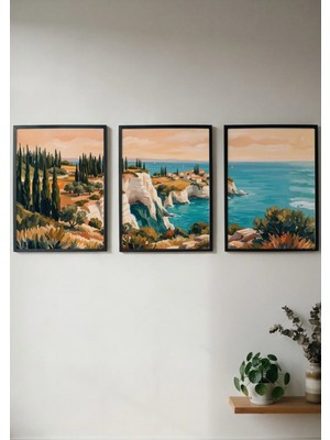 Akdeniz Sahil Manzarası 3'lü Set Çerçeveli Mdf Tablo Poster Salon Duvar Dekoru Hediye