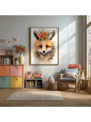 Çiçekli Bebek Tilki Çerçeveli Mdf Tablo Poster Bebek Odası Duvar Dekoru Hediye