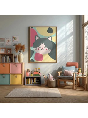 Sevimli Kedi Pastel Soyut Çerçeveli Mdf Tablo Poster Çocuk Odası Duvar Dekoru Hediye