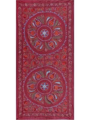Etnik Bulvar Suzani Ipek Kırmızı Masa Örtüsü 94 x 189 cm