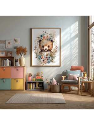 Bebek Kahverengi Ayı Çerçeveli Mdf Tablo Poster Bebek Odası Duvar Dekoru Hediye