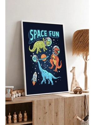 Astronot Dinozor Çerçeveli Mdf Tablo Poster Çocuk Odası Duvar Dekoru Hediye