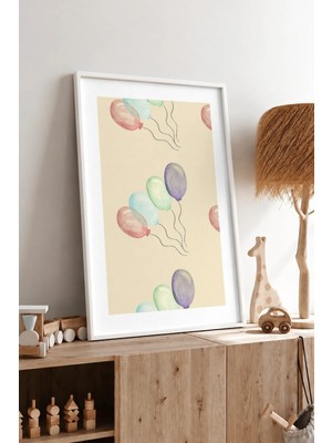 Doğum Günü Balonları Çerçeveli Mdf Tablo Poster Çocuk Odası Duvar Dekoru Hediye