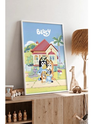Bluey Ailesi Çerçeveli Mdf Tablo Poster Çocuk Odası Duvar Dekoru Hediye