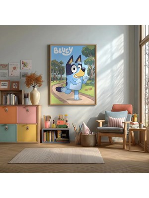 Bluey Parkta Koşuyor Çerçeveli Mdf Tablo Poster Çocuk Odası Duvar Dekoru Hediye
