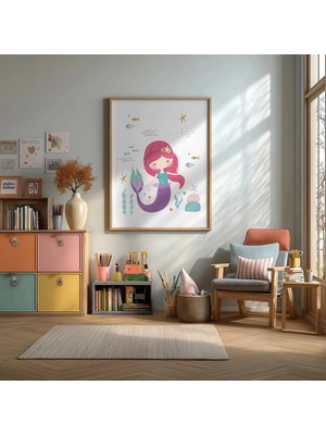 Pembe Saçlı Deniz Kızı Çerçeveli Mdf Tablo Poster Çocuk Odası Duvar Dekoru Hediye