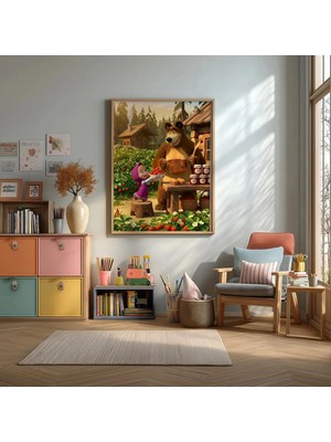 Maşa ile Koca Ayı Reçel Çerçeveli Mdf Tablo Poster Çocuk Odası Duvar Dekoru Hediye