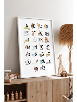 Hayvanlı Ingilizce Alfabe Çerçeveli Mdf Tablo Poster Çocuk Odası Duvar Dekoru Hediye