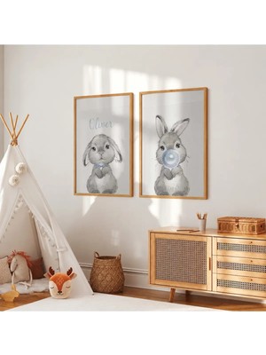 Kişiye Özel Isimli Sevimli Tavşan 2'li Set Çerçeveli Mdf Tablo Poster Bebek Odası Hediye