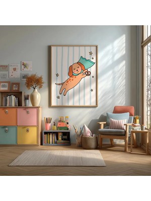Simitli Uçan Sevimli Köpek Çerçeveli Mdf Tablo Poster Çocuk Odası Duvar Dekoru Hediye