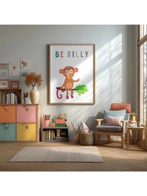 Be Silly Maymun Çerçeveli Mdf Tablo Poster Çocuk Odası Duvar Dekoru Hediye