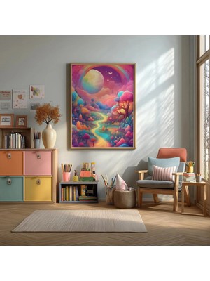 Renkli Fantastik Nehir Manzarası Çerçeveli Mdf Tablo Poster Çocuk Odası Duvar Dekoru Hediye