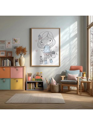 Çiçekli Sevimli Kız Çocuk Çizim Çerçeveli Mdf Tablo Poster Çocuk Odası Duvar Dekoru Hediye