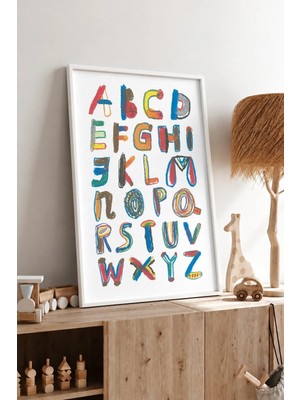 Pastel Boya Abc Alfabe Çerçeveli Mdf Tablo Poster Çocuk Odası Duvar Dekoru Hediye