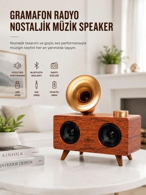 Epilons Bluetooth Nostalji Speaker Radyo Gramofon Ahşap Renk Vintage Yeni Nesil