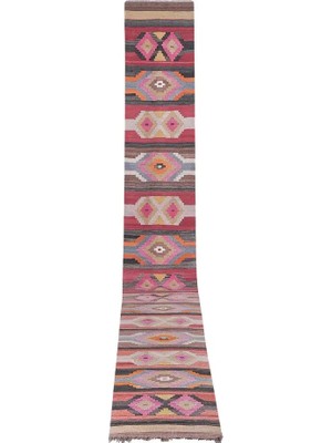 Etnik Bulvar Yün Pembe El Dokuması Kilim 78 x 642 cm