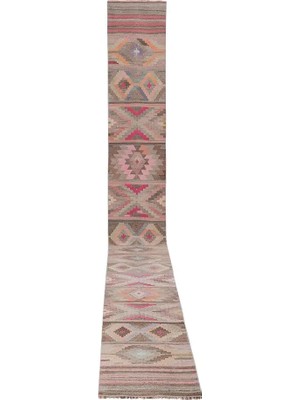 Etnik Bulvar Yün Bej El Dokuması Kilim 74 x 696 cm