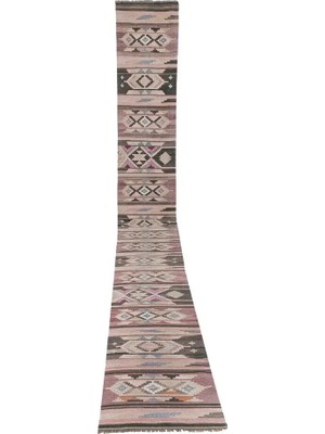 Etnik Bulvar Yün Kahverengi El Dokuması Kilim 81 x 753 cm