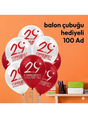 Muka 29 Ekim Balon 12 Inç-30 cm 100 Adet-Balon Çubuğu Hediyeli 100 Adet