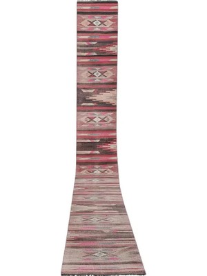 Etnik Bulvar Yün Pembe El Dokuması Kilim 75 x 638 cm