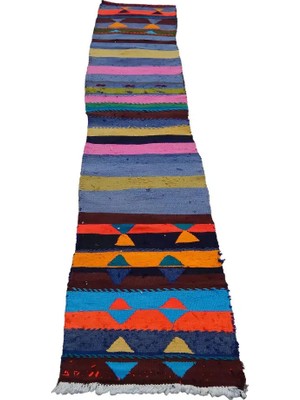 Etnik Bulvar Yün Mavi El Dokuması Kilim 47 x 248 cm