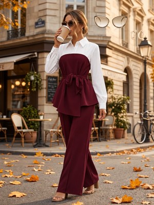 Trend Cojans Kadın Uzun Kollu Yakalı Üst Kısmı Trikoton Asimetrik Detaylı Belden Kuşaklı Ithal Krep Bluz ve Yırtmaçlı Pantolon Ikili Takım