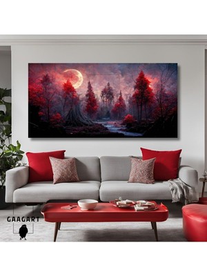 Panoramik Kanvas Duvar Tablosu Kırmızı Dolunay ve Orman, 100 x 50