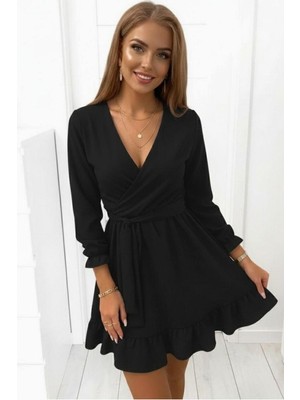 Lior Design Krep Yaka Elbise V Kumaş Midi Kuşaklı