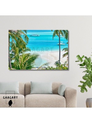 Tekli Yatay Kanvas Duvar Tablosu Mavi Deniz ve Palmiye Ağaçları, 60 x 40