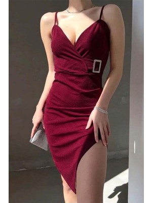 Lior Design V Yırtmaçlı Yaka Elbise Midi Askılı Abiye